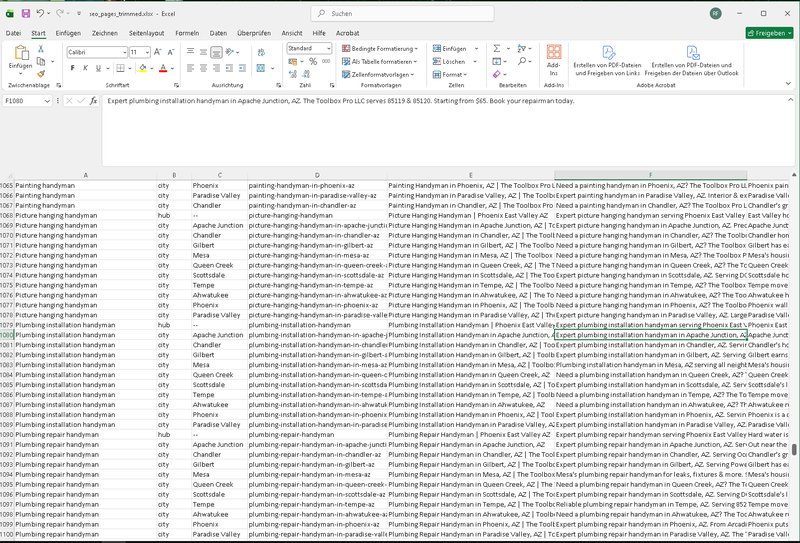SEO pages spreadsheet